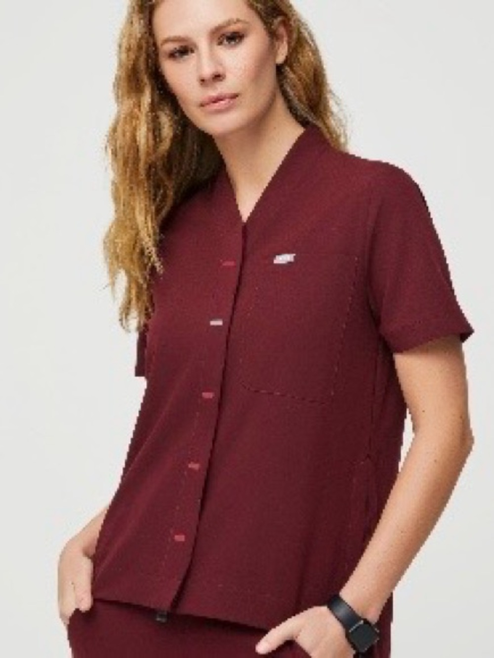 Figs Short-Sleeve Button Top in Burgundy